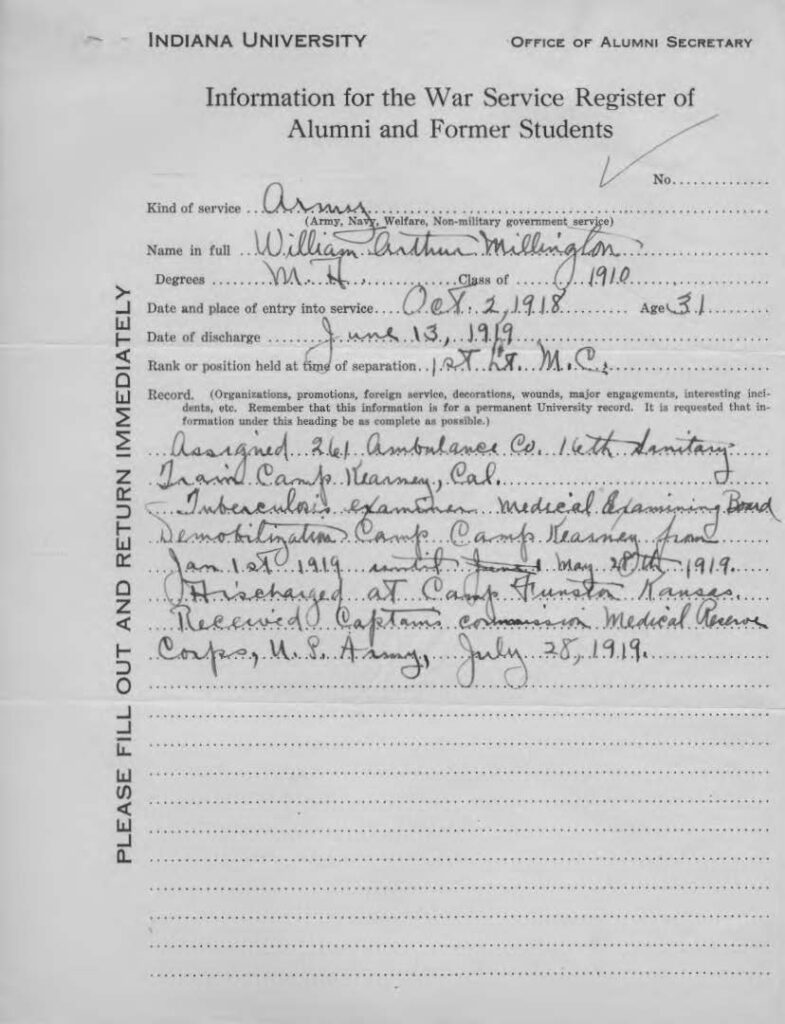 William Arthur Millington's World War I War Service record