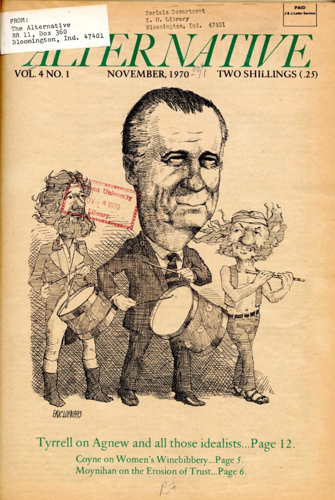 Cover of the Alternative newsletter with a caricature of Spiro Agnew