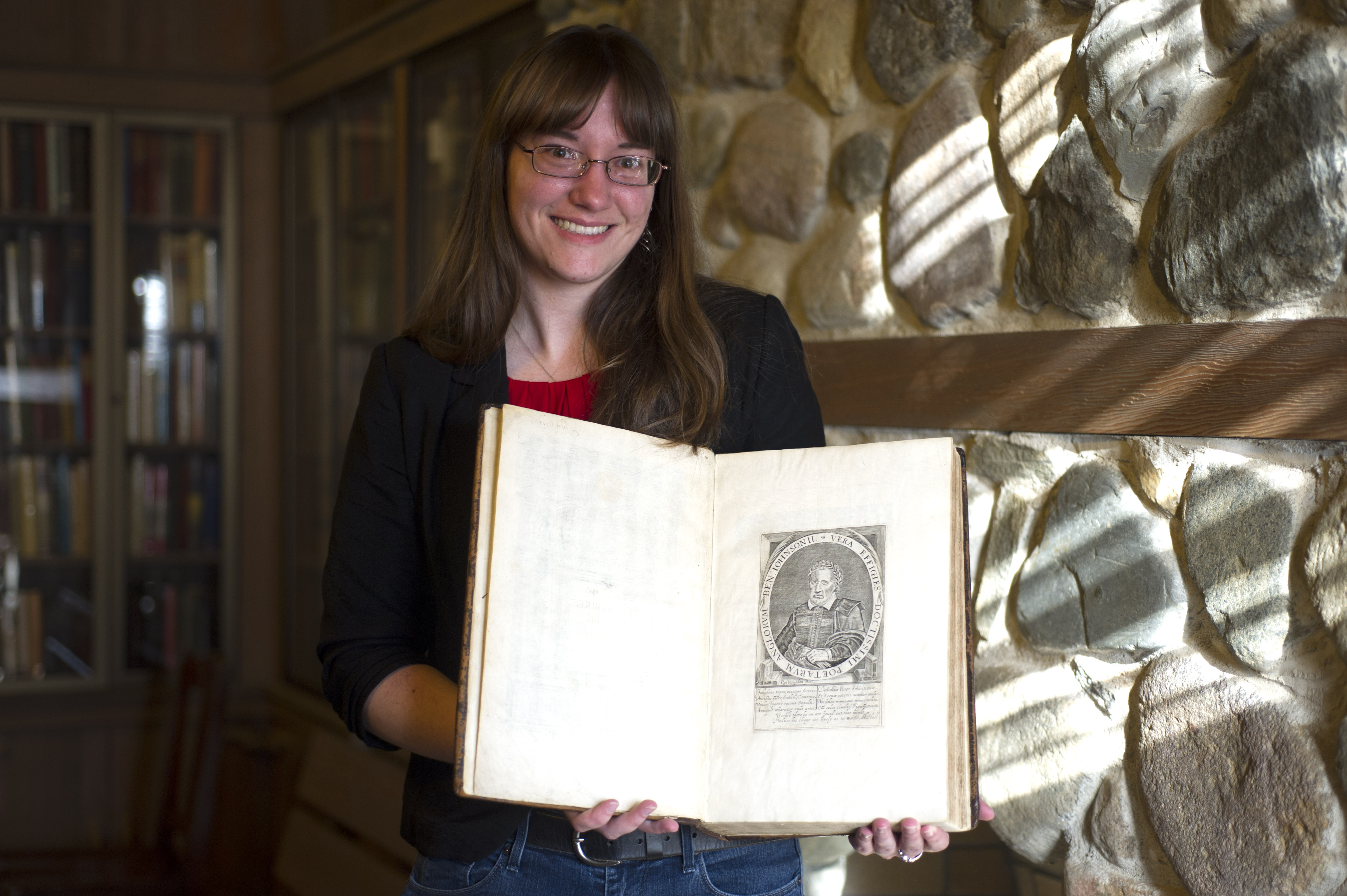 Rachel Makarowski with the Ben Jonson folio.