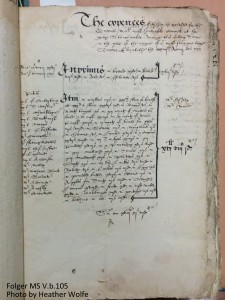 Page from Star Chamber dinners for Hilary Term 1591/2, Folger MS V.b. 105 (photo by Heather Wolfe and permission of the Folger Shakespeare Library).