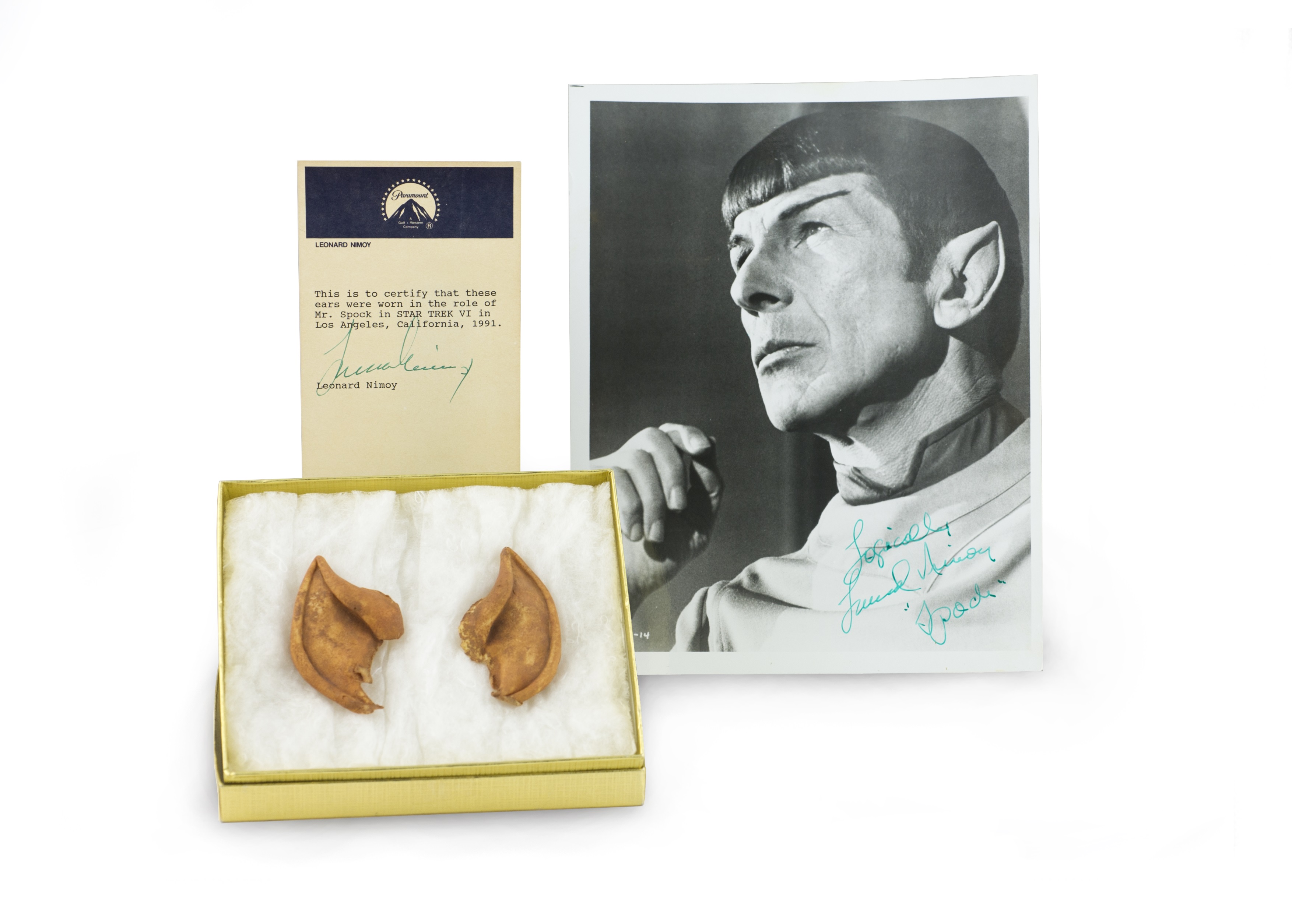 Ben Motz's donation of a pair of Spock's ears, worn by Leonard Nimoy in Star Trek VI, with signed photo.