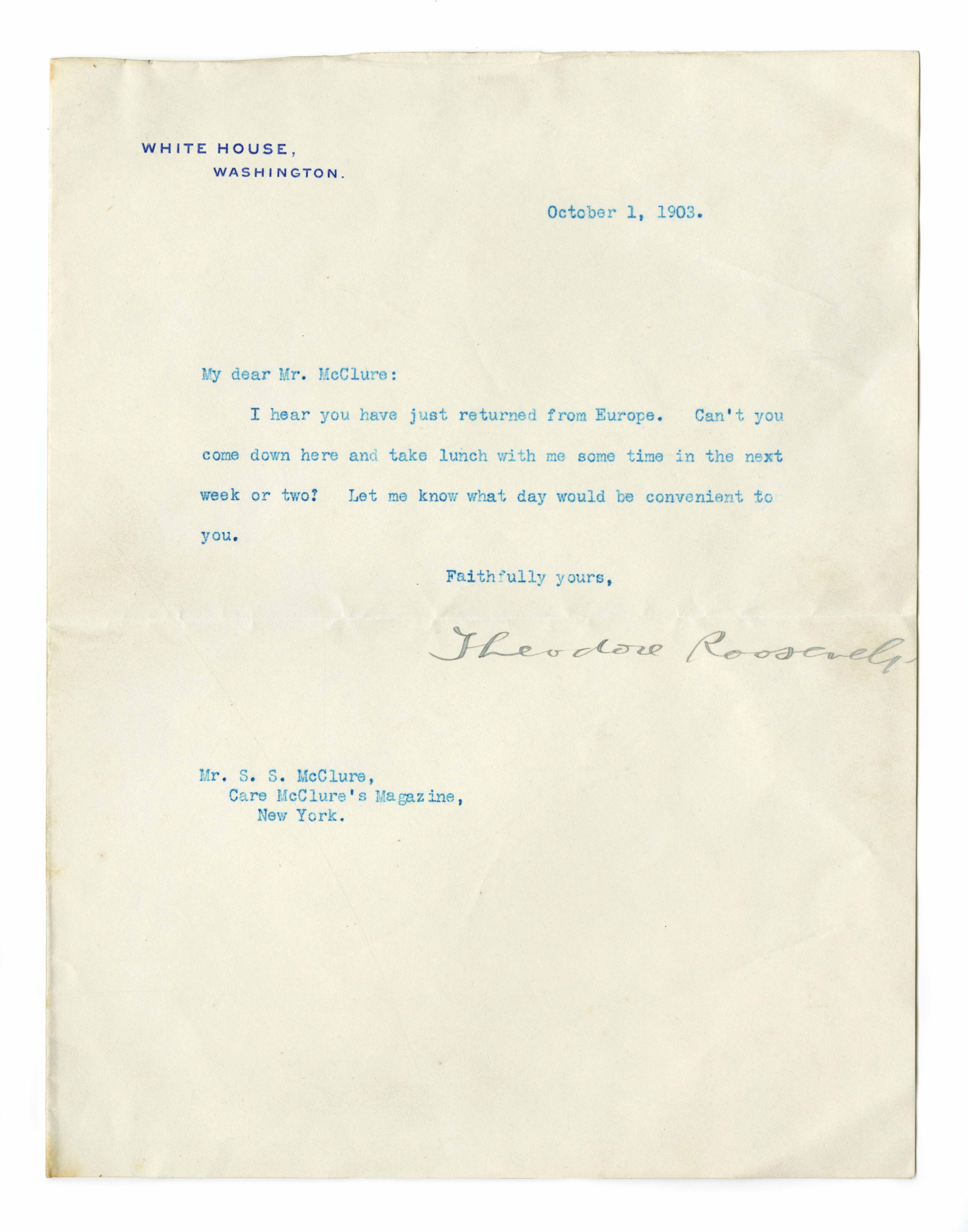 Letter from Theodore Roosevelt to S. S. McClure, October 1, 1903.