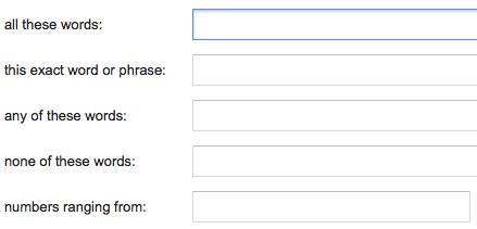 Google Advanced Search form with multiple fields.