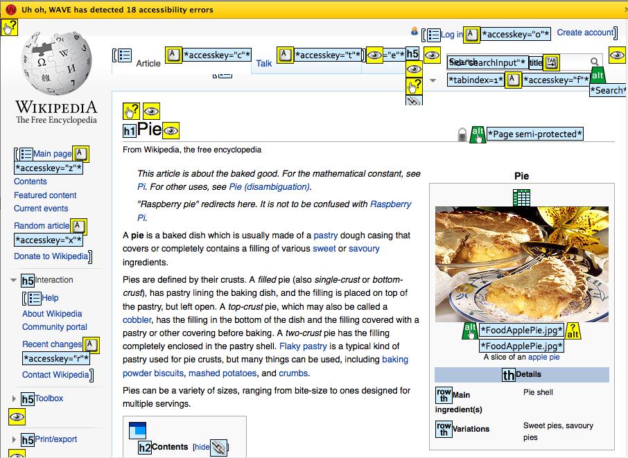Screenshot of Wikipedia ‘pie’ entry with WAVE icons.