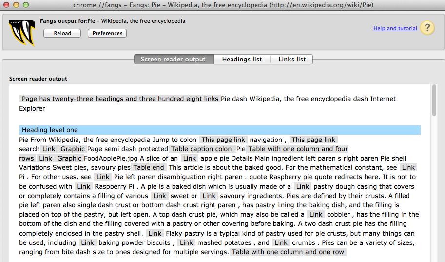 Fangs Screen Reader Emulator showing screen reader output for Wikipedia ‘pie’ entry.
