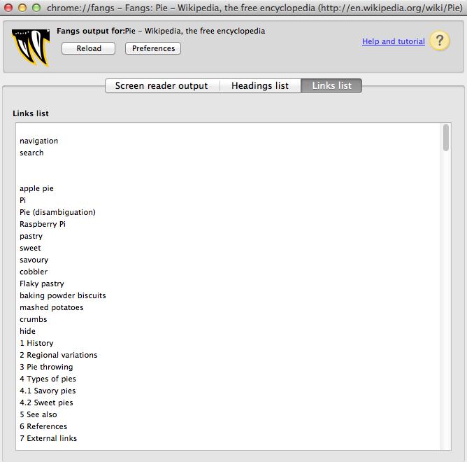 Fangs Screen Reader Emulator showing Links list for Wikipedia ‘pie’ entry.