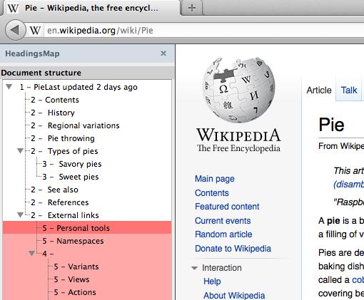 Headings list shown in HeadingsMap for Wikipedia ‘pie’ entry.
