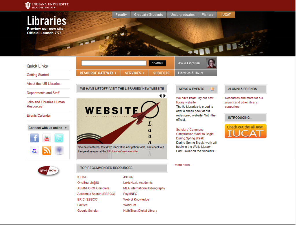 Libraries' home page in 2014, pre-migration