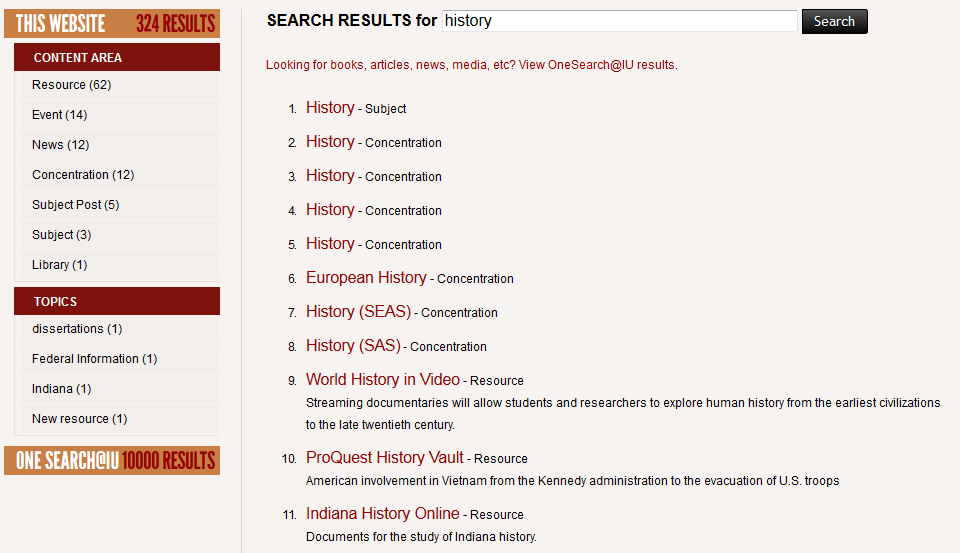 screenshot of website search results for "history"