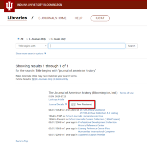 E-Journal Portal Results Screen showing peer-review designator.
