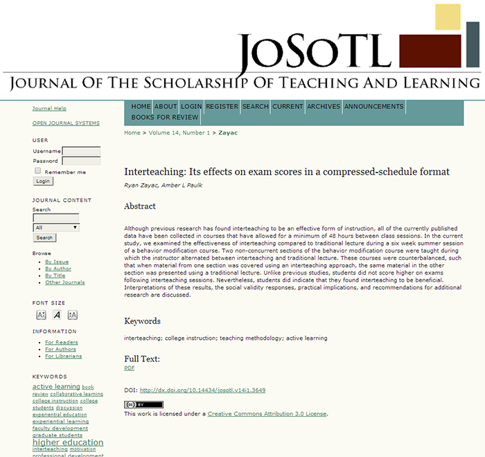 An example of an article with a DOI in the Journal of the Scholarship of Teaching and Learning.