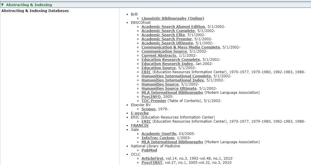 Screenshot of Abstracting and Indexing in Ulrichs