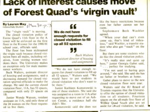  Scanned image of a newspaper page featuring the headline: "Lack of Interest Causes Move of Forest Quad's 'virgin vault'"
