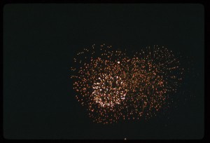  Color photograph of exploding fireworks. 