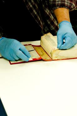  Inspecting for mold on the inside of a book