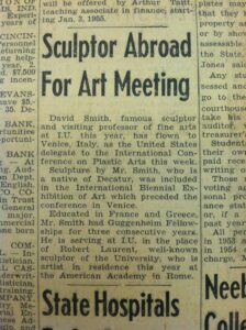 Scanned image of a newspaper article with the headline "Sculptor Abroad For Art Meeting."