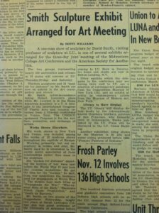  Scanned image of a newspaper with the headline "Smith Sculpture Exhibit Arranged for Art Meeting."