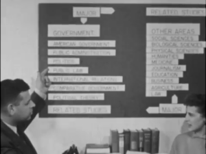  Still image from a black and white film showing a professor teaching a student. 