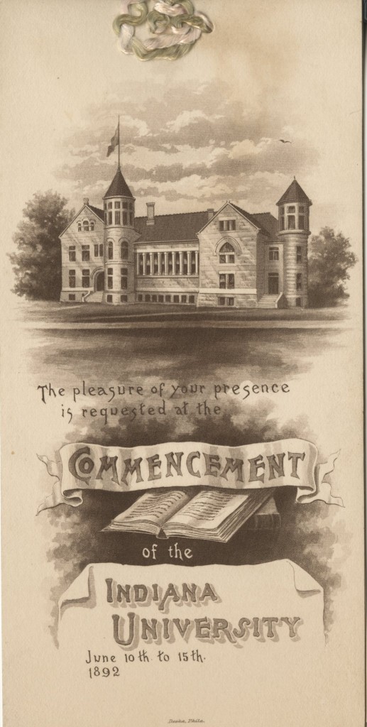 Black and white image of a Commencement program showing a drawing of a campus building. 