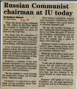 News clipping from 1994 concerning the visit of politician Gennadi Zyuganov