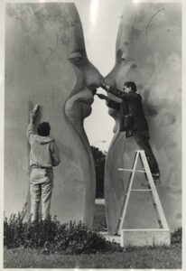 The finishing touches are added to sculpture, which today sits at the north end of Miller-Showers Park in Bloomington.