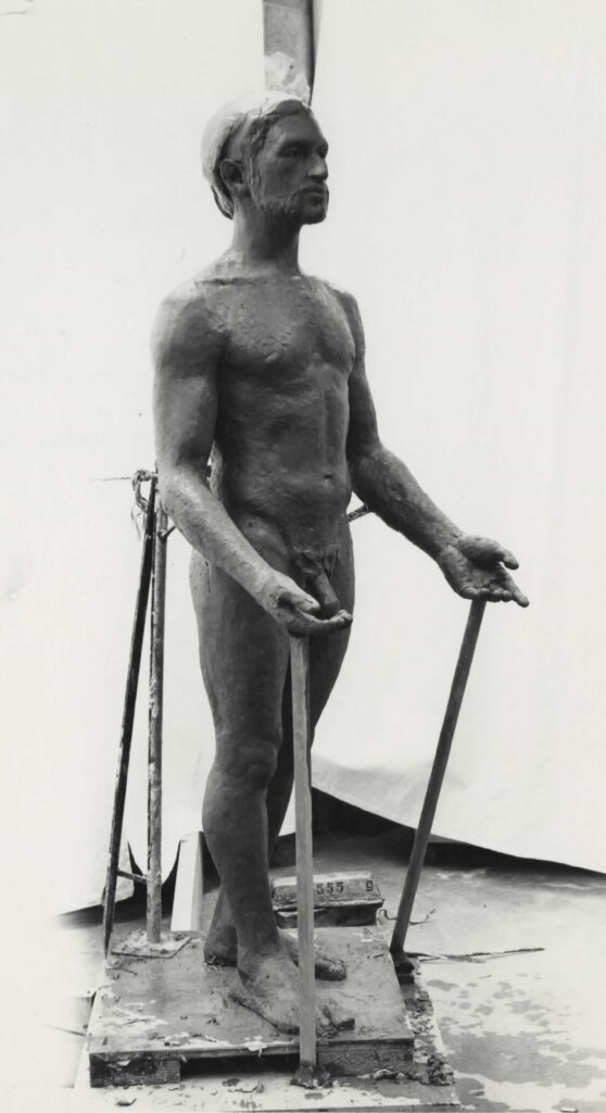 Photograph of the nude sculpture of Adam, part of "The Space Between: Adam and Eve."