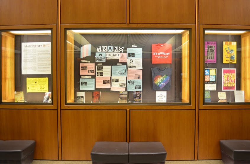 photograph of lgbt history month display in the lobby of the herman b wells library, indiana university