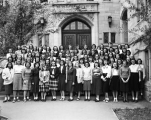 Residents of Sycamore Hall. Joan is 4th row, 8th from left. This image appears on page 366 of the 1948 Arbutus yearbook. 