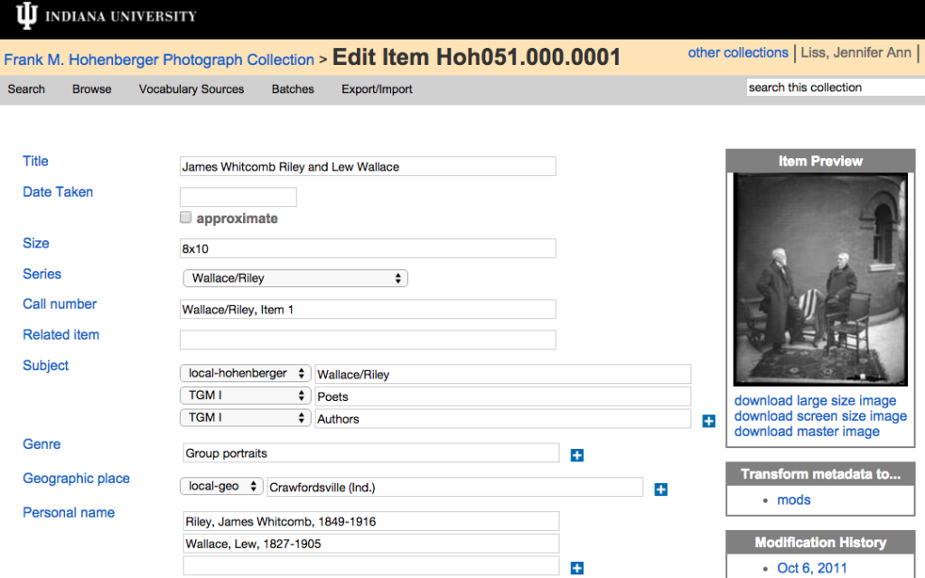 Screenshot of the Image Collection Online cataloging tool. The web form include fields for title, subjects, etc. A thumbnail of the digital object (an image) and an option for transforming the metadata to MODS are included.