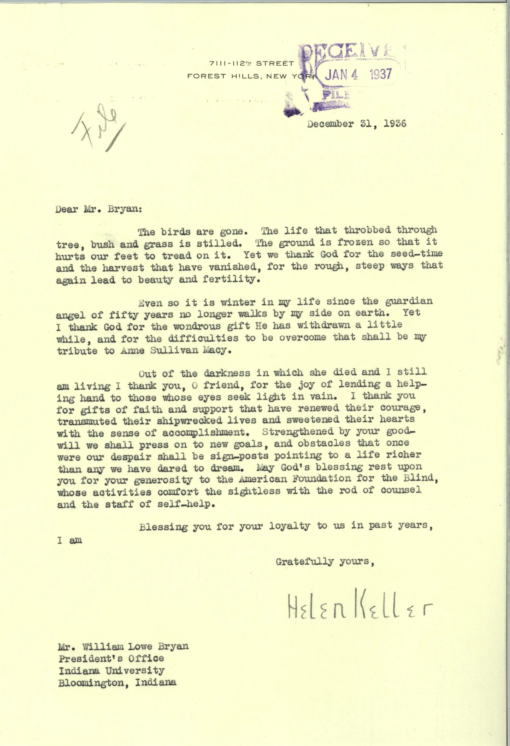 Helen Keller to William Lowe Bryan, December 31, 1936
