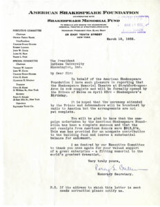 Letter to President William Lowe Bryan from the American Shakespearean Foundation, thanking Indiana University for their contribution to the Shakespeare Memorial Theatre, 1932.