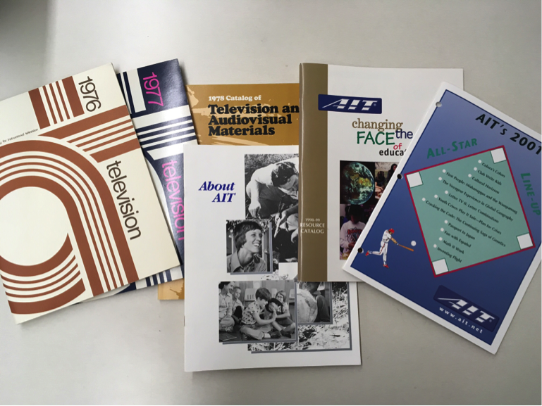 AIT’s catalogue collection. Along with these catalogues are over one hundred boxes of paper materials from AIT’s offices.