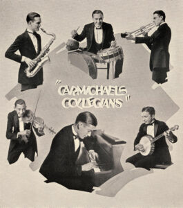 Carmichael's Collegians. This image scanned from page 117 of the 1924 Arbutus yearbook. (Clockwise starting at bottom with Carmichael at piano) Howard Hoagland "Hoagy" Carmichael, Unknown, Howard Warren "Wad" Allen, Unknown, Unknown, Unknown.