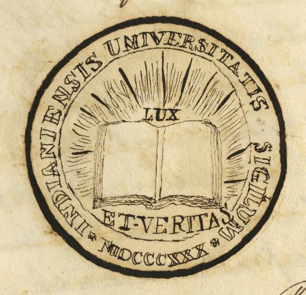 First rendering of the Indiana University seal. It appears on page 97 of the July 21, 1841 manuscript minutes of the Board of Trustees.