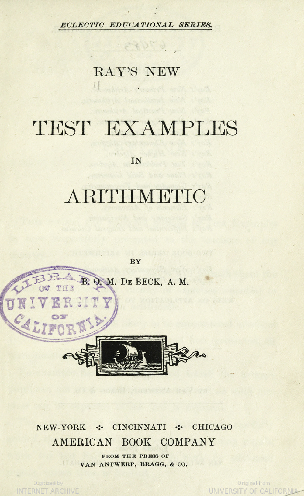 Title page of Ray's New Test Examples in Arithmetic