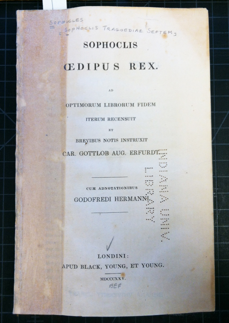 Title page of the book Sophoclis tragoediae septem, showing tape adhesive