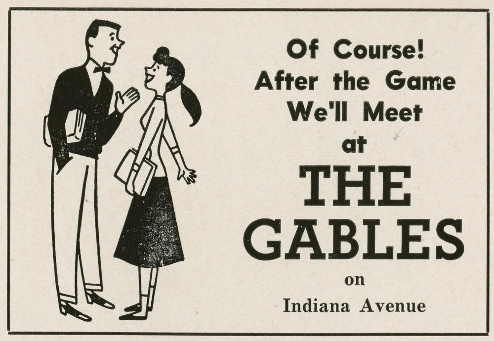 An advertisement for The Gables from an IU vs. Purdue football game program, 1955