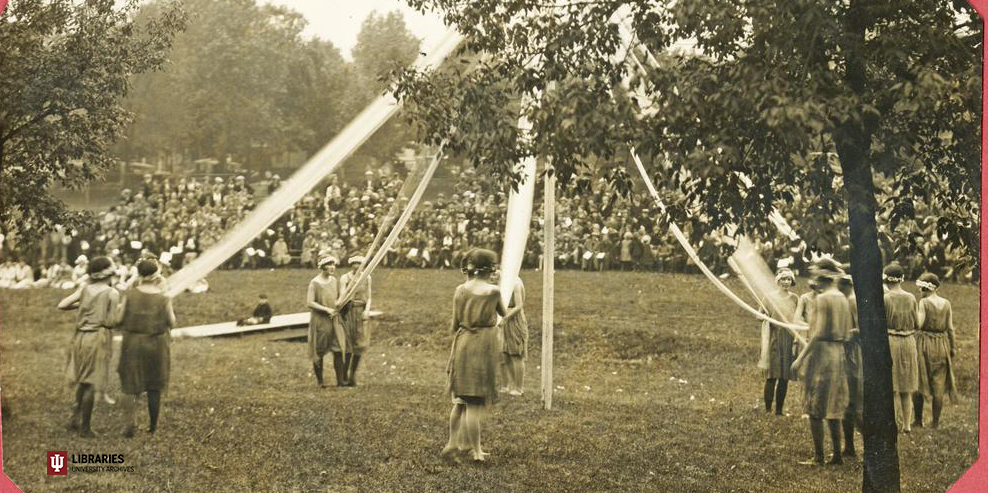 Students dancing at the May Festival in Dunn Meadow, circa 1930