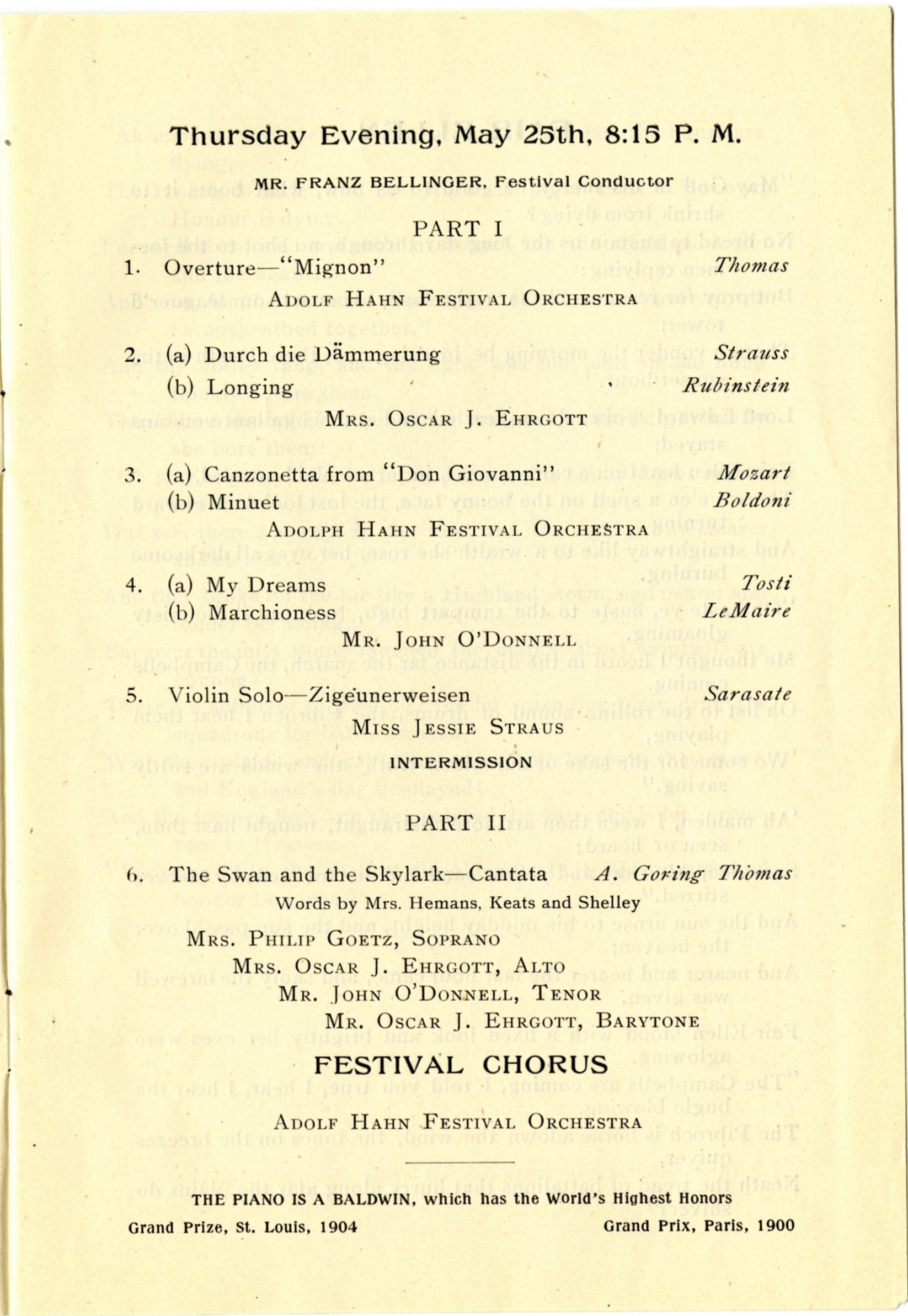 Section of the program for the 1905 May Festival, IU Archives