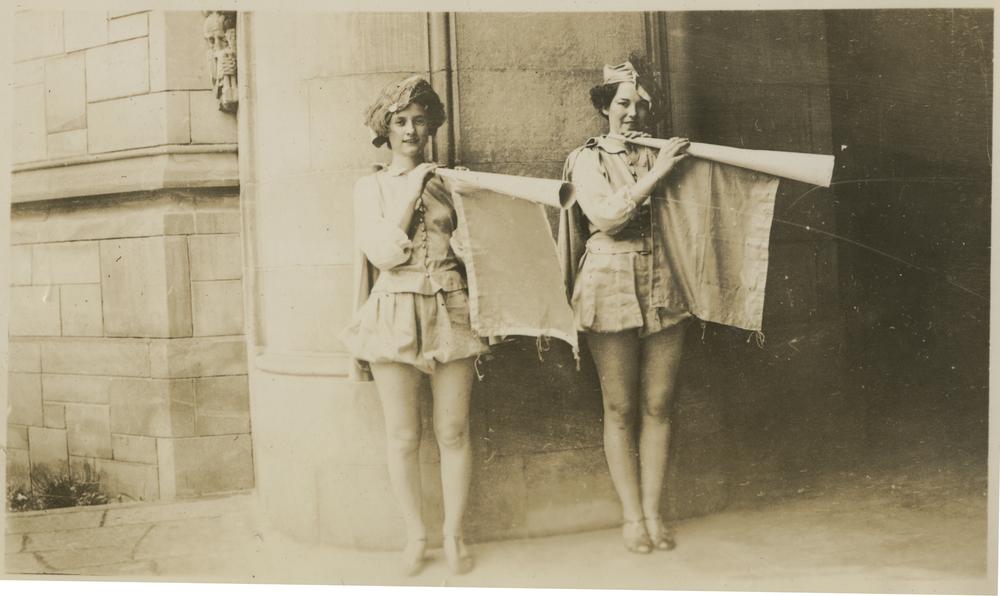 May Day Festival participants Betty Higbee and June Hiatt, 1937. This image scanned from "The Towers" (yearbook / scrapbook / photograph album) compiled by residents of East Memorial Hall when it was a dormitory.