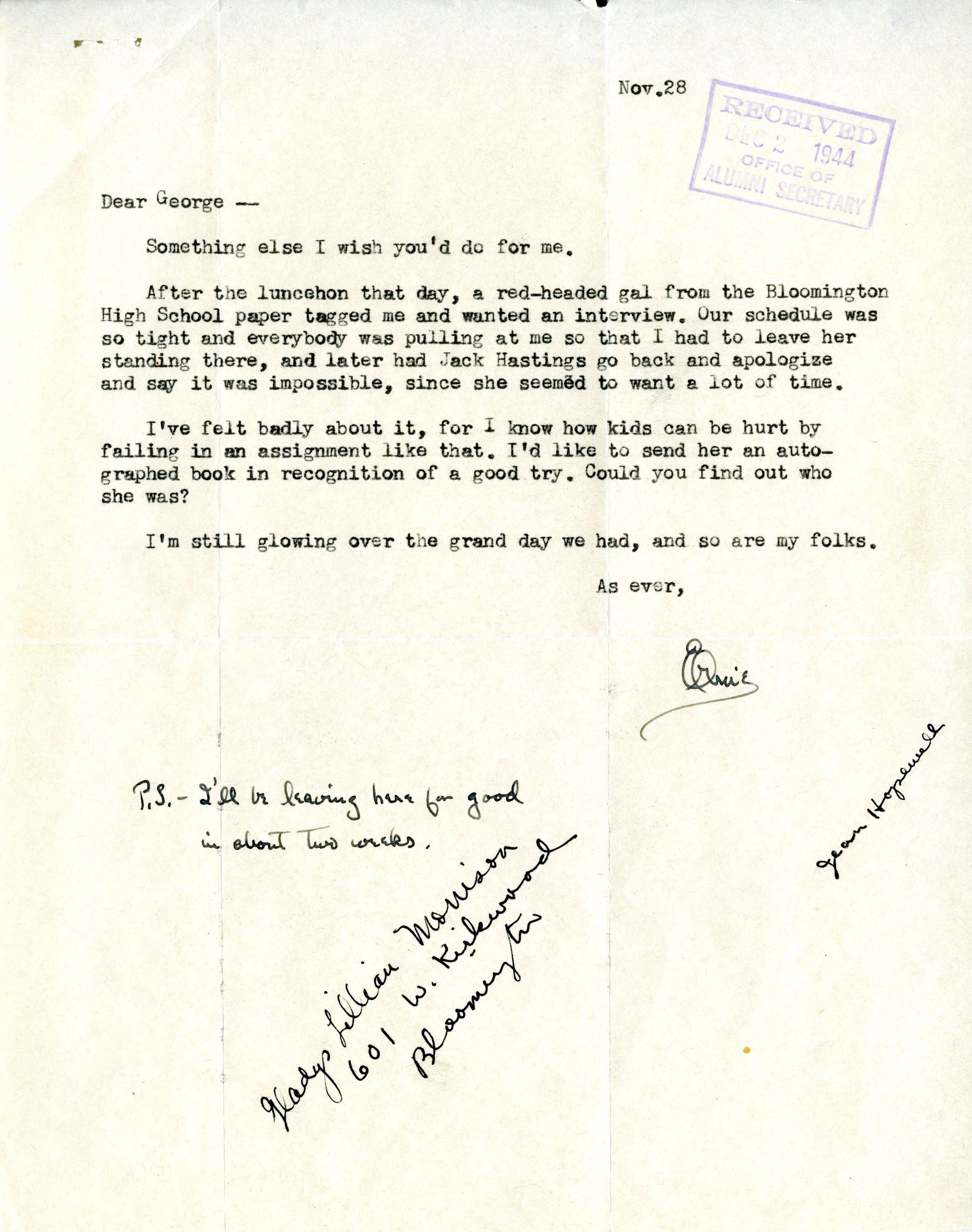 Scan of original letter from Ernie Pyle to George "Dixie" Heighway, November 28, 1944