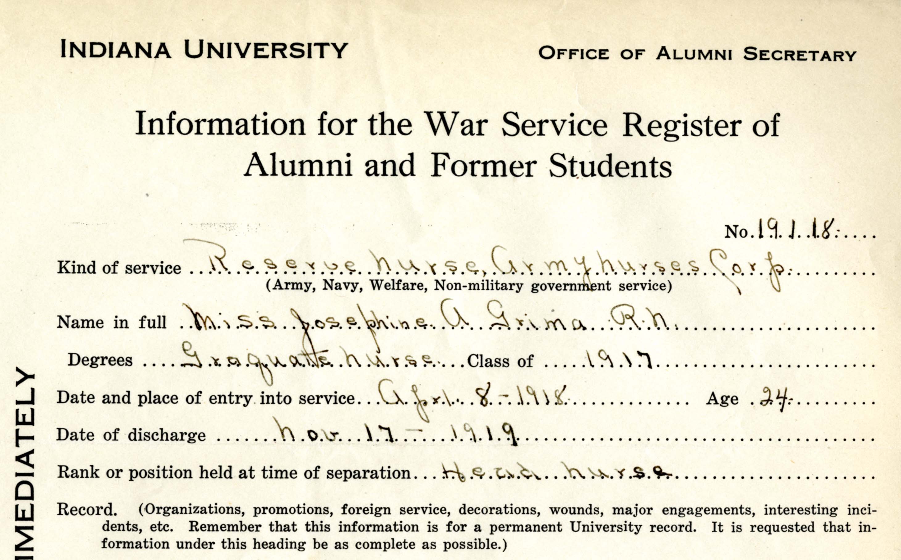 Segment of Grima's IU War Service Register entry. 