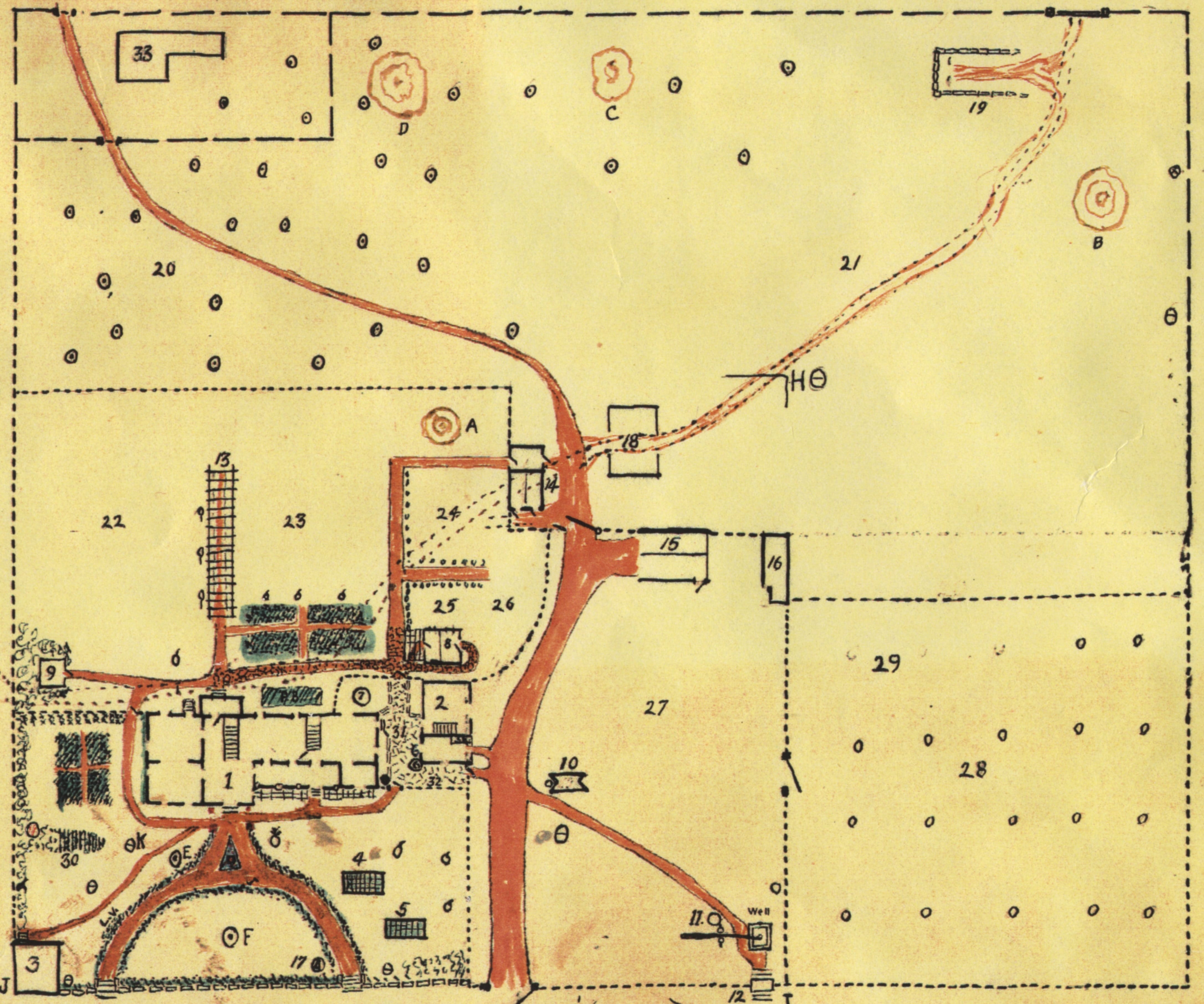 Hand-drawn map showing an overhead view of the Wylie homestead.