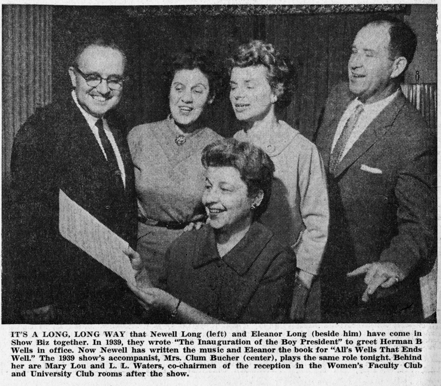 Left to Right: Newell Long, Eleanor Long, Mary Lou Waters, L.L. Water, Mrs. Clum Bucher (Center)