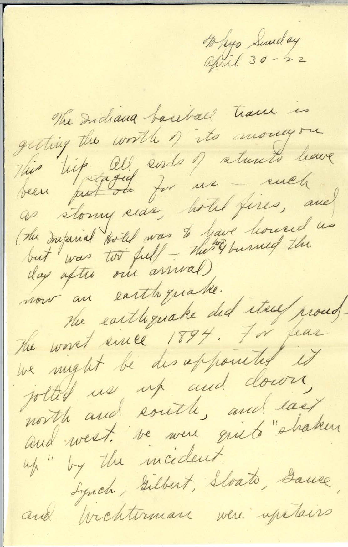 Scan of page 1 of Edna Hatfield's April 30, 1922 letter to Frank R. Elliot - written in cursive handwriting. 