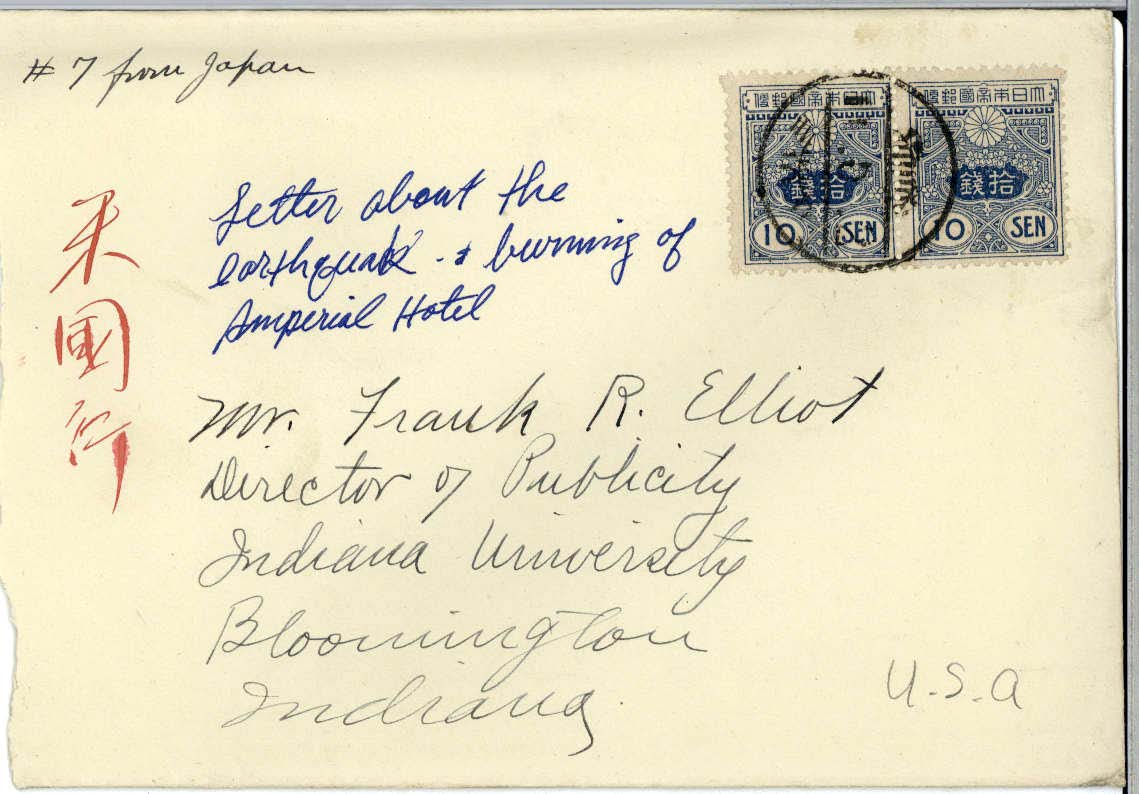 Scan of the envelope of Edna Hatfield's April 30, 1922 letter to Frank R. Elliot - includes Japanese stamps. 