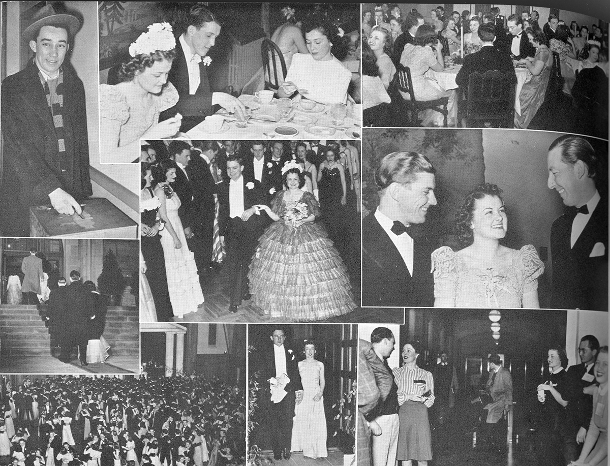 This is a black and white page spread from the Arbutus yearbook. Photographs show college couples dining over formal dinner, dancing, and 2 images show Barbara VanFleit and her date Donald Painter dancing. 