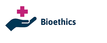Logo showing a hand holding a red cross beside the word Bioethics.