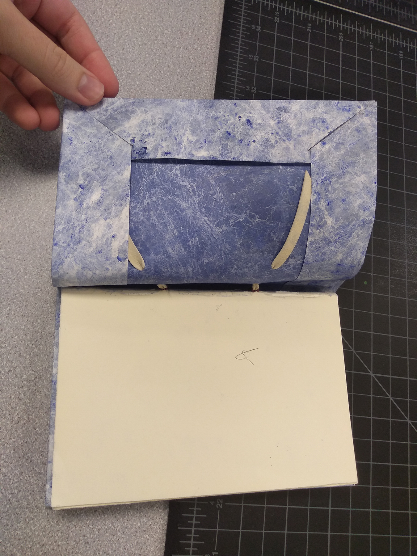 Inside of a laced case binding with blue Tyvek cover.