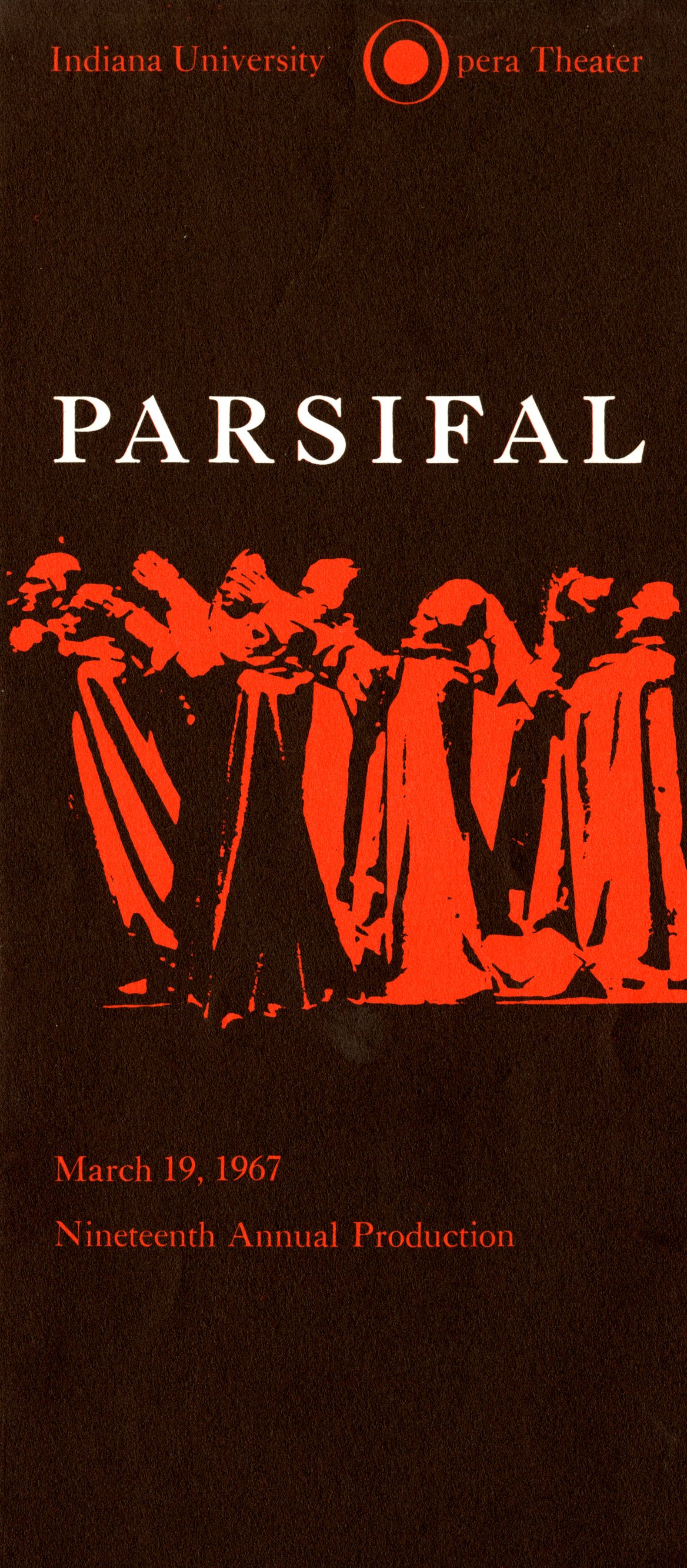 Red and black program with the following text "Indiana University Opera Theater - Parsifal March 19, 1967, 19th annual production"